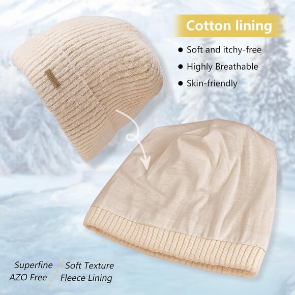 Womens Warm Knit Beanie Hat Thick Cotton Lined Slouchy Skull Cap Fall Winter - Picture 5 of 7